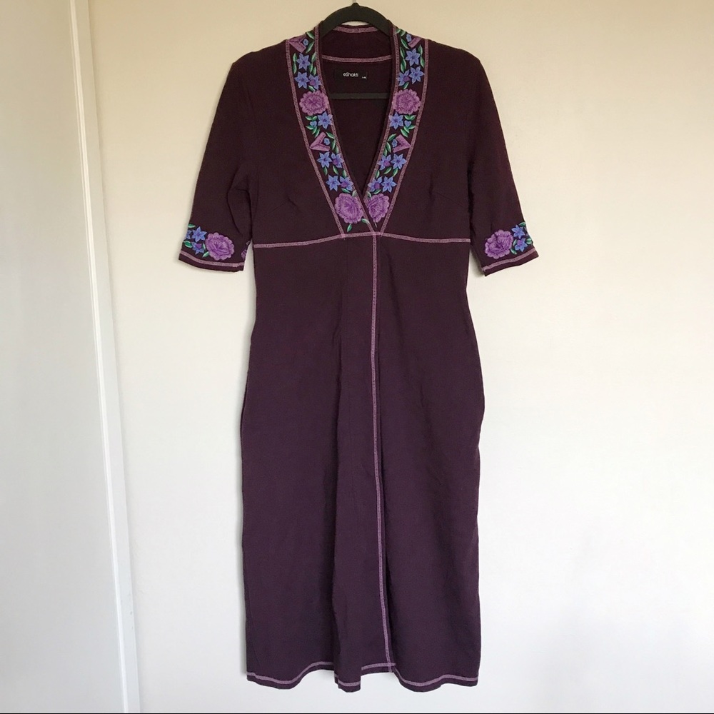 eShakti Purple Embroidered V-Neck Midi Dress Size Large Kimono Faux Wrap